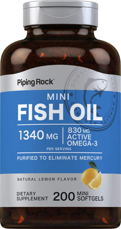Piping Rock Mini Fish Oil 1340mg | 200 Softgels | Omega-3 Lemon Flavor | Non-GMO & Gluten Free