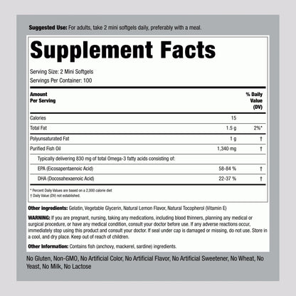Piping Rock Mini Fish Oil 1340mg | 200 Softgels | Omega-3 Lemon Flavor | Non-GMO & Gluten Free