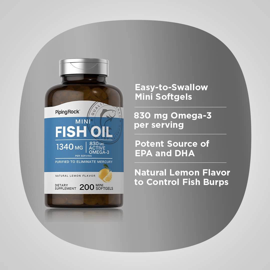 Piping Rock Mini Fish Oil 1340mg | 200 Softgels | Omega-3 Lemon Flavor | Non-GMO & Gluten Free