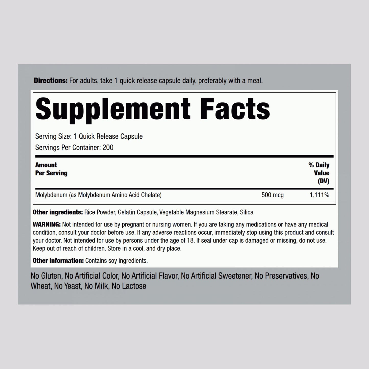 Piping Rock Molybdenum Supplement 500 mcg | 200 Capsules | Pack of 2
