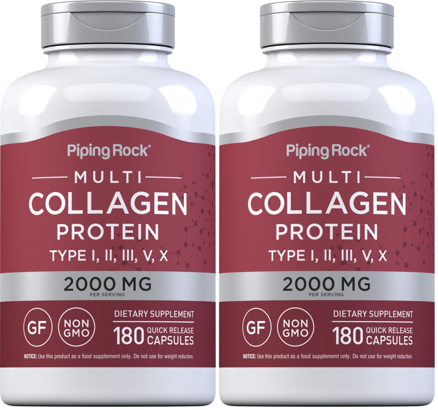 Piping Rock Multi Collagen Protein Capsules | 180 Count | 2000mg | Types I, II, III, V, X | Pack of 2