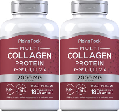 Piping Rock Multi Collagen Protein Capsules | 180 Count | 2000mg | Types I, II, III, V, X | Pack of 2