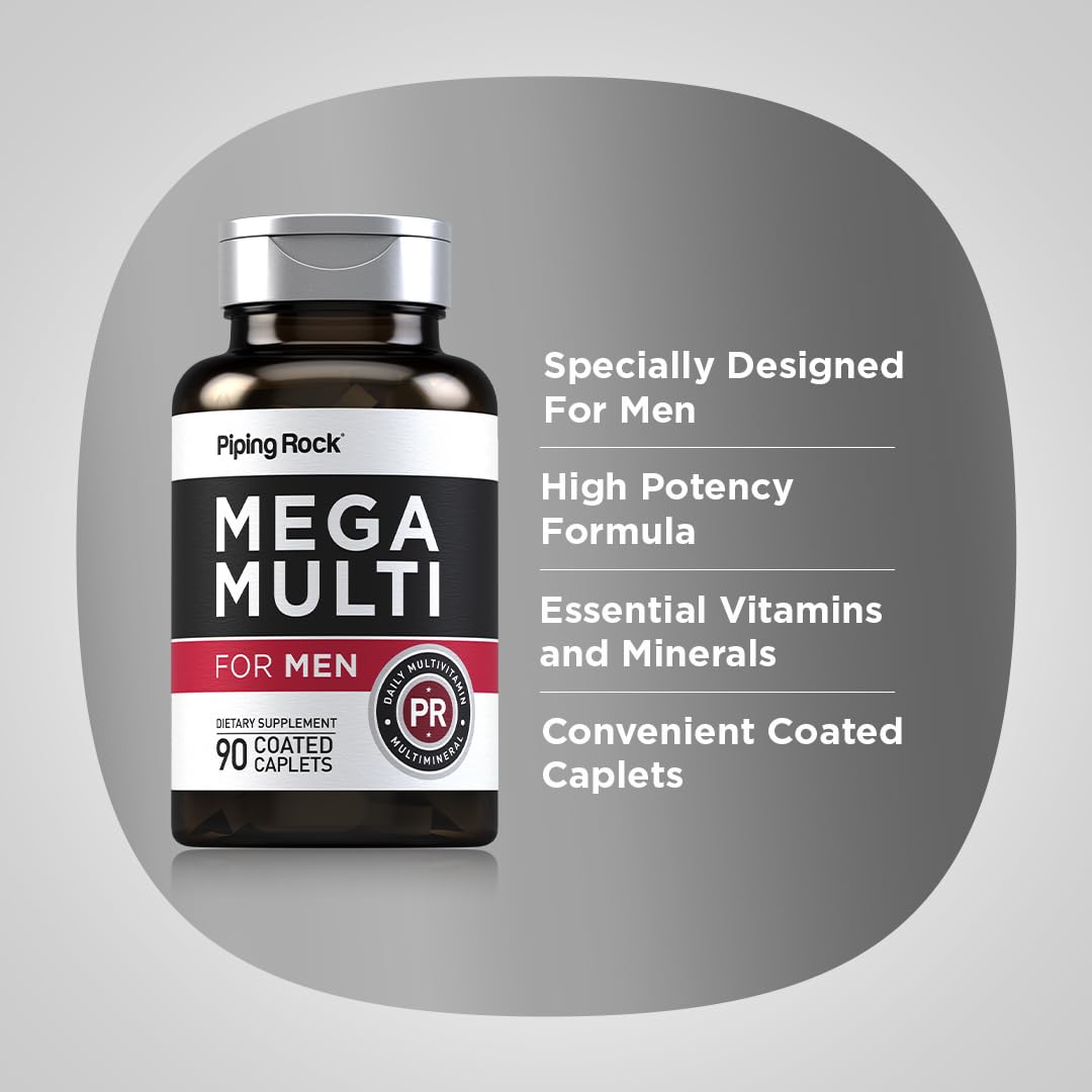 Piping Rock Multivitamin for Men - 90 Caplets, Mega Multimineral Daily Supplement (Pack of 2) - Non-GMO & Gluten Free