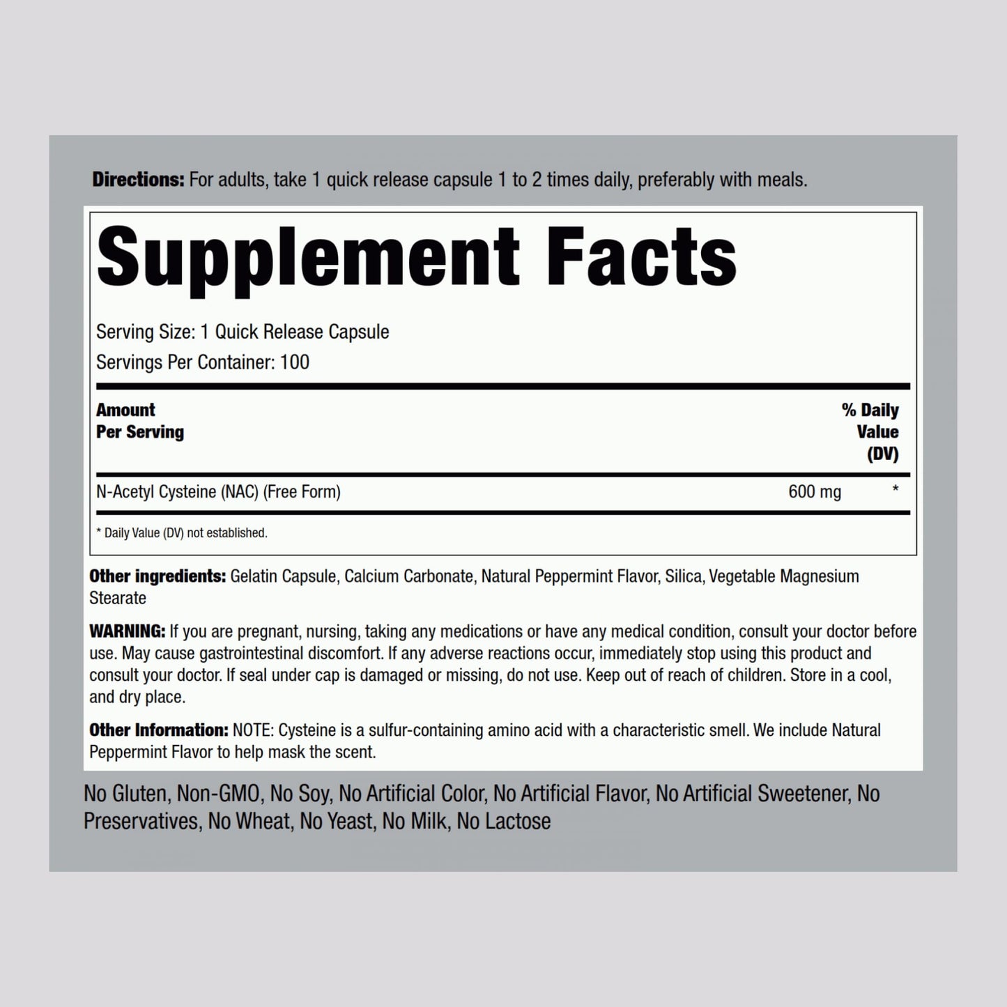 Piping Rock NAC 600mg N-Acetyl Cysteine – 100 Capsules (Pack of 2)