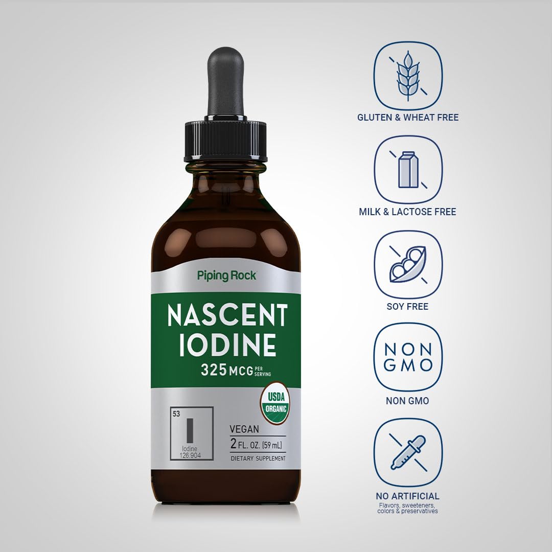 Piping Rock Nascent Iodine Drops Organic | 2 fl oz | Liquid Vegan Supplement | Non-GMO, Gluten Free (Pack of 2)