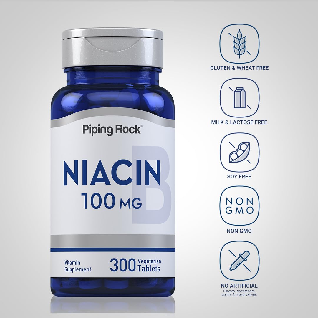 Piping Rock Niacin 100mg – 300 Tablets | with Flushing | Vegetarian, Non-GMO, Gluten Free (Pack of 2)