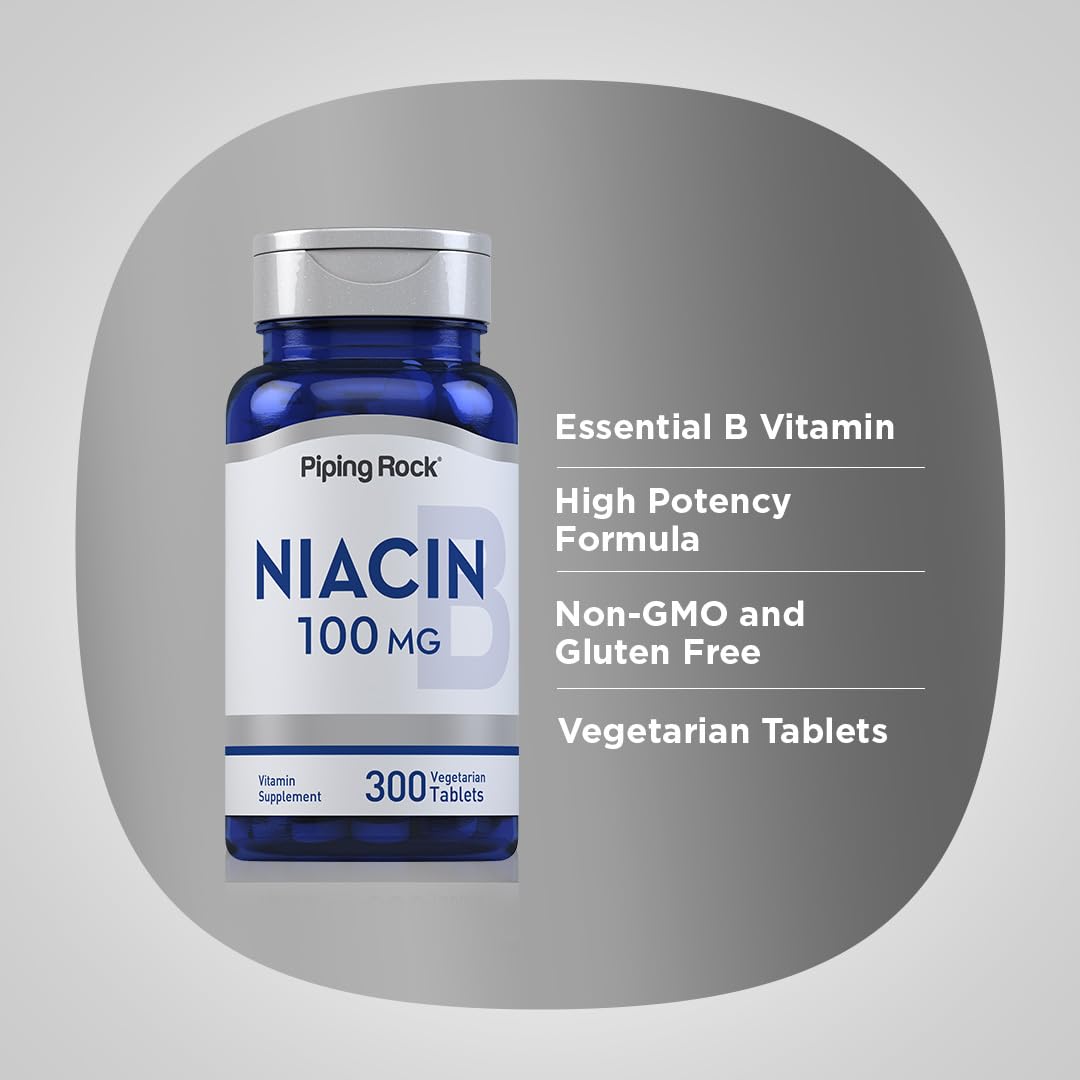 Piping Rock Niacin 100mg – 300 Tablets | with Flushing | Vegetarian, Non-GMO, Gluten Free (Pack of 2)