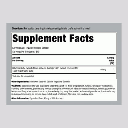 Piping Rock Odorless Garlic Softgels – 4000mg, 240 Count | Extra Strength | Non-GMO & Gluten Free