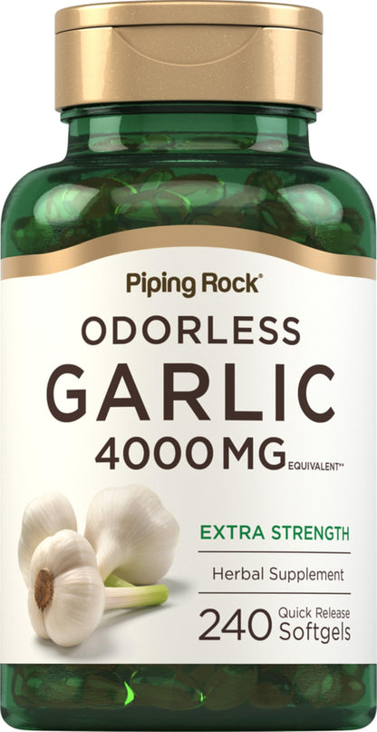 Piping Rock Odorless Garlic Softgels – 4000mg, 240 Count | Extra Strength | Non-GMO & Gluten Free