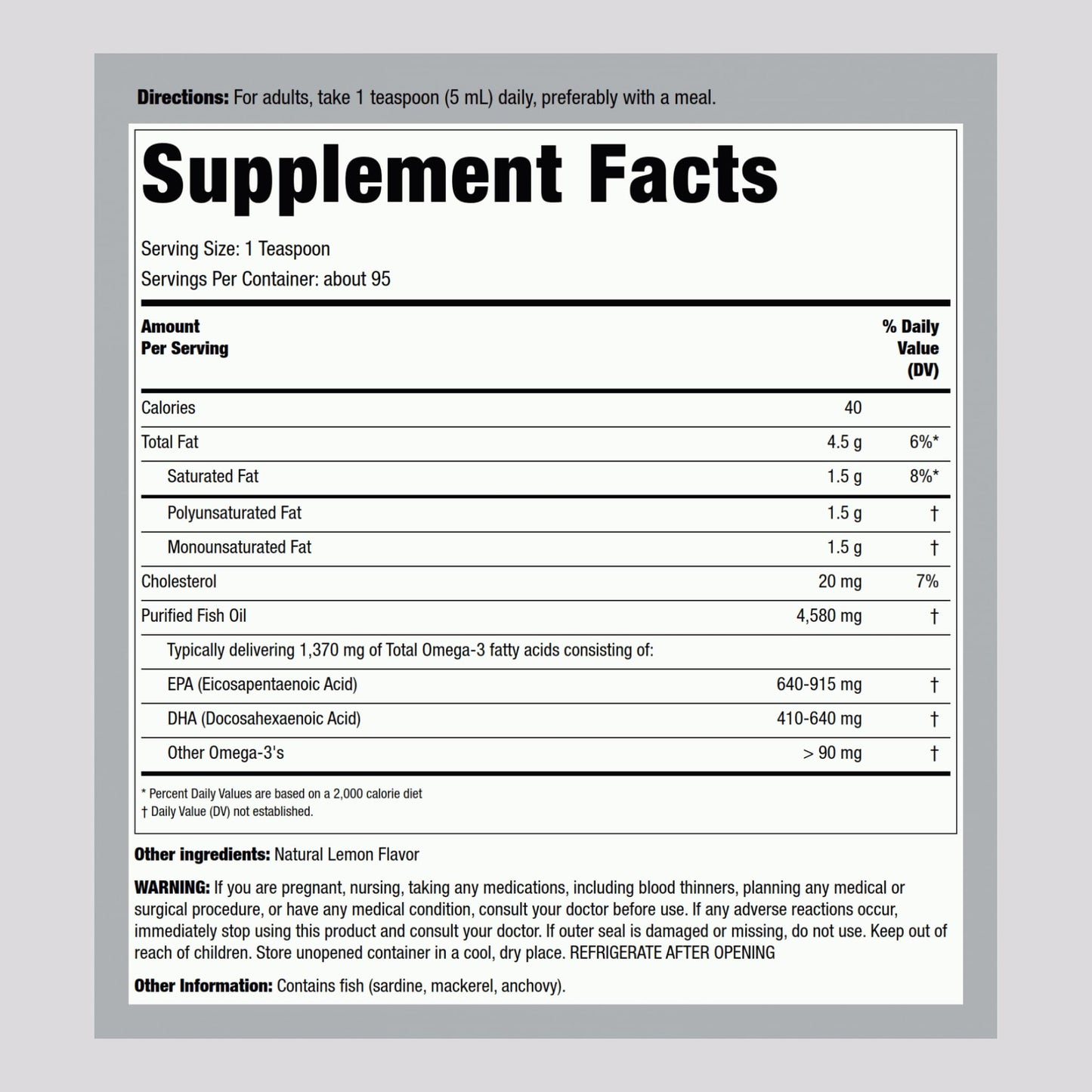 Piping Rock Omega-3 Fish Oil Liquid – 16 oz, 1370 mg Active Omega-3, Lemon