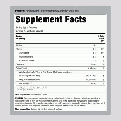 Piping Rock Omega-3 Fish Oil Liquid – 16 oz, 1370 mg Active Omega-3, Lemon