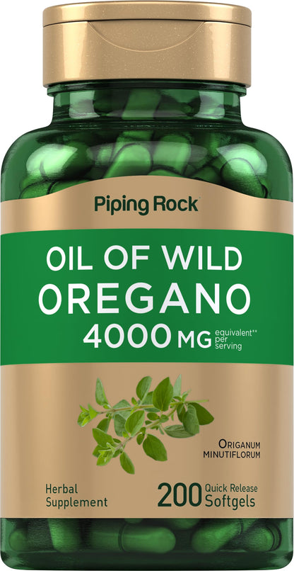 Piping Rock Oregano Oil Softgel Capsules 4000mg | 200 Pills | Herbal Extract Supplement | Wild Harvested | Non-GMO, Gluten Free