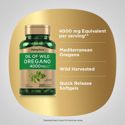 Piping Rock Oregano Oil Softgel Capsules 4000mg | 200 Pills | Herbal Extract Supplement | Wild Harvested | Non-GMO, Gluten Free