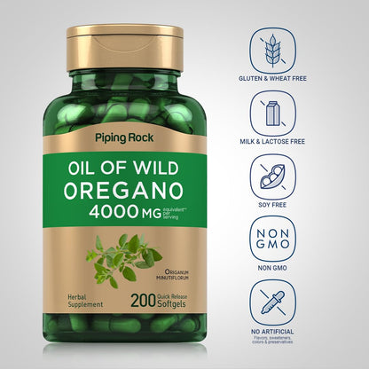 Piping Rock Oregano Oil Softgel Capsules 4000mg | 200 Pills | Herbal Extract Supplement | Wild Harvested | Non-GMO, Gluten Free