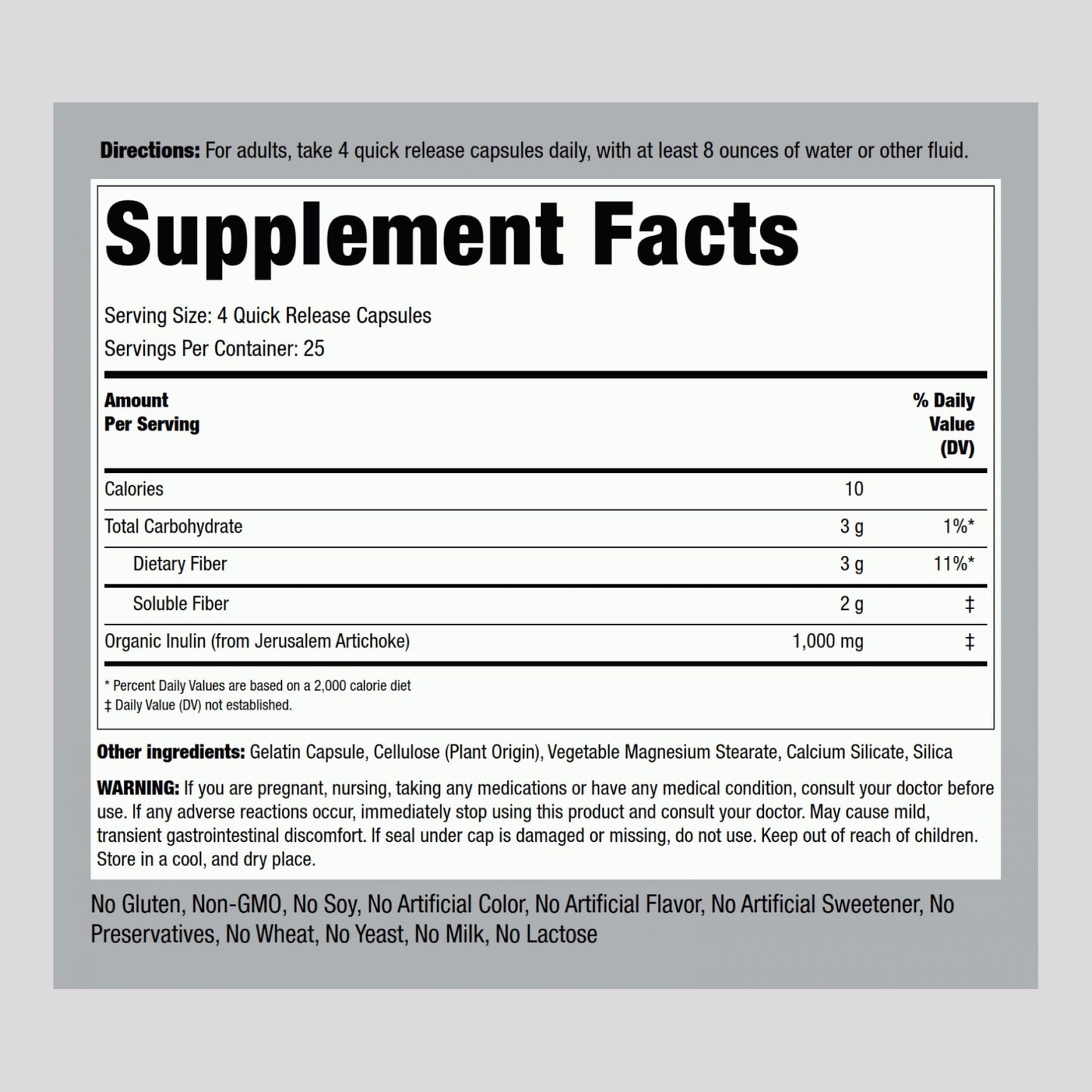 Piping Rock Organic Inulin Capsules 1000 mg - 100 Count | Low Glycemic Fiber | Non-GMO, Gluten Free (Pack of 2)