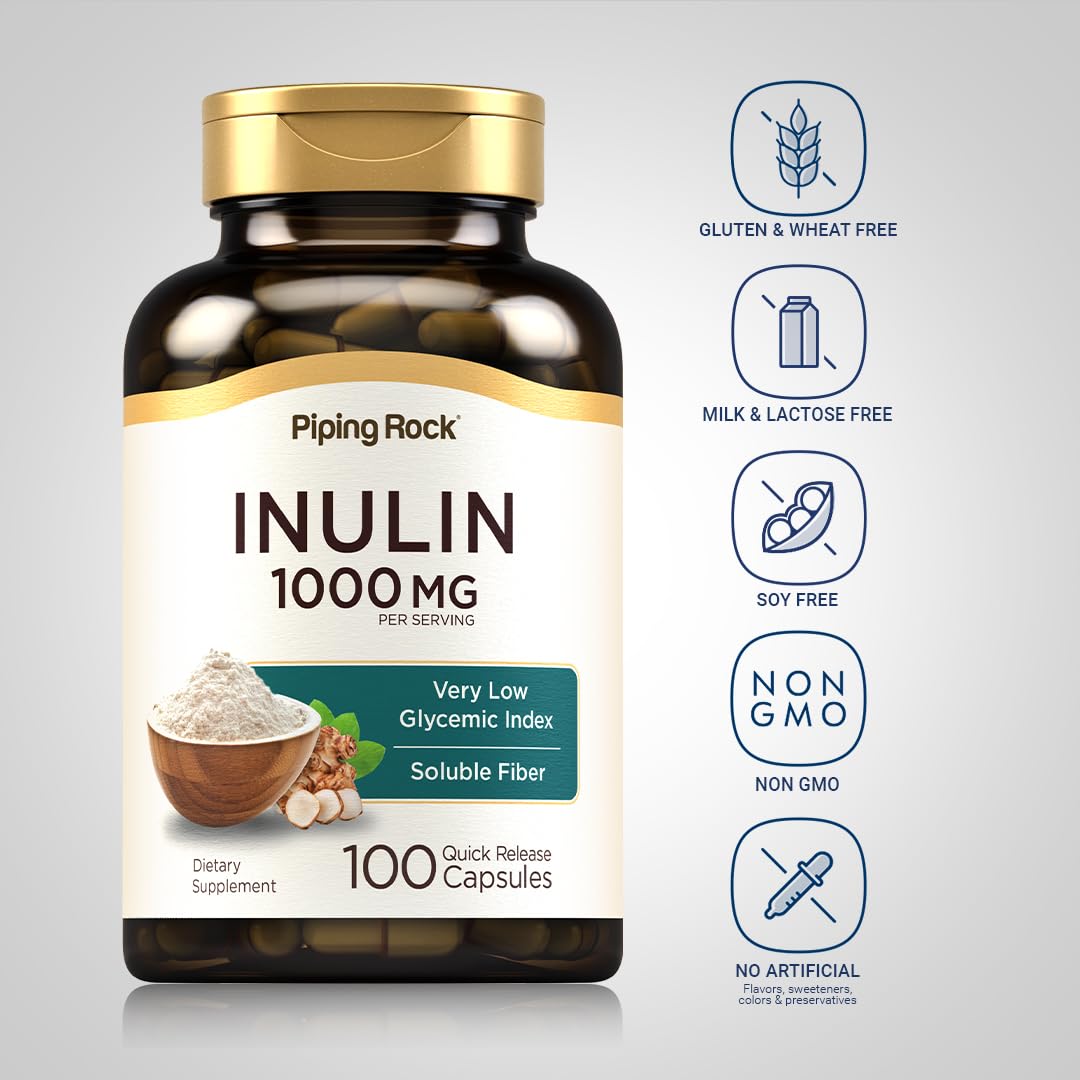 Piping Rock Organic Inulin Capsules 1000 mg - 100 Count | Low Glycemic Fiber | Non-GMO, Gluten Free (Pack of 2)