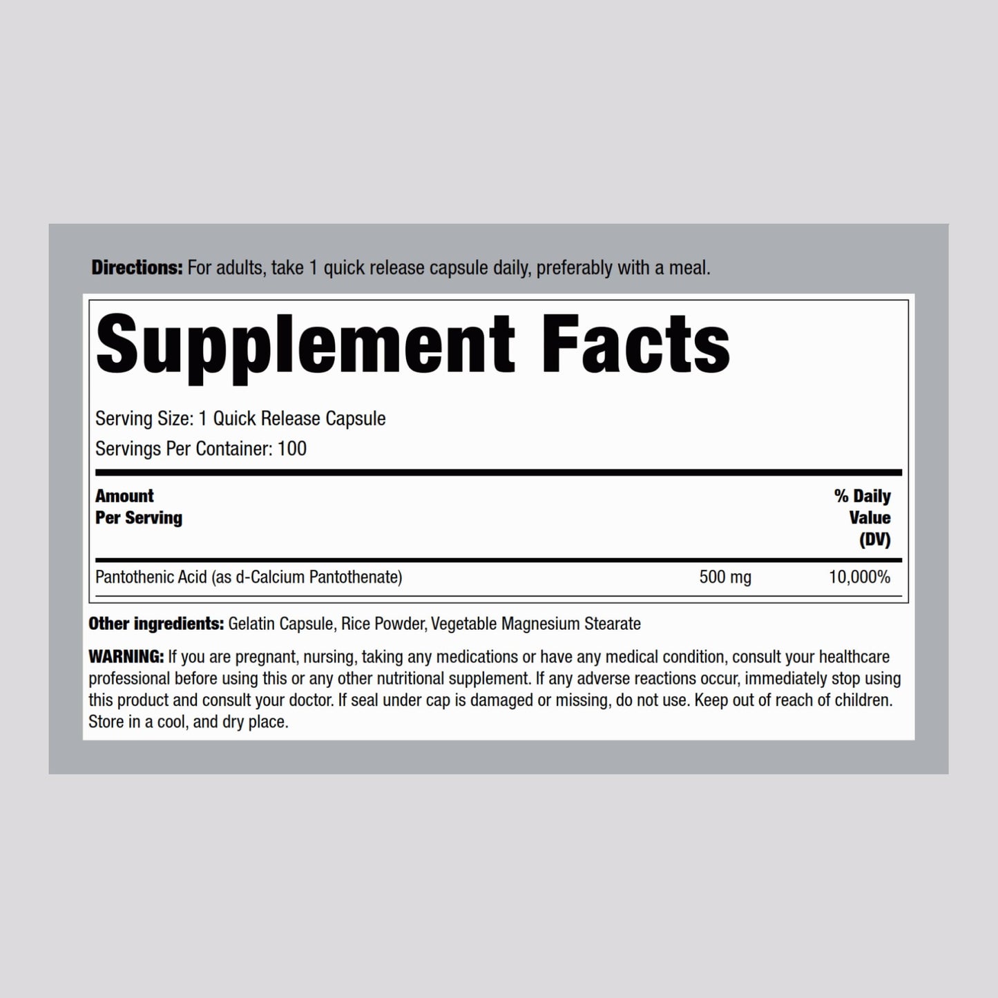 Piping Rock Pantothenic Acid 500mg – 100 Capsules | Calcium d-Pantothenate | Non-GMO, Gluten Free