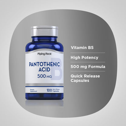 Piping Rock Pantothenic Acid 500mg – 100 Capsules | Calcium d-Pantothenate | Non-GMO, Gluten Free