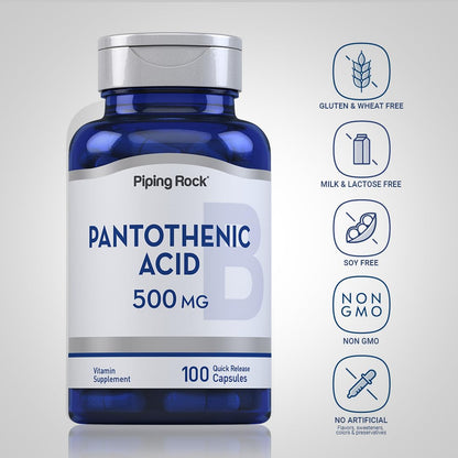 Piping Rock Pantothenic Acid 500mg – 100 Capsules | Calcium d-Pantothenate | Non-GMO, Gluten Free