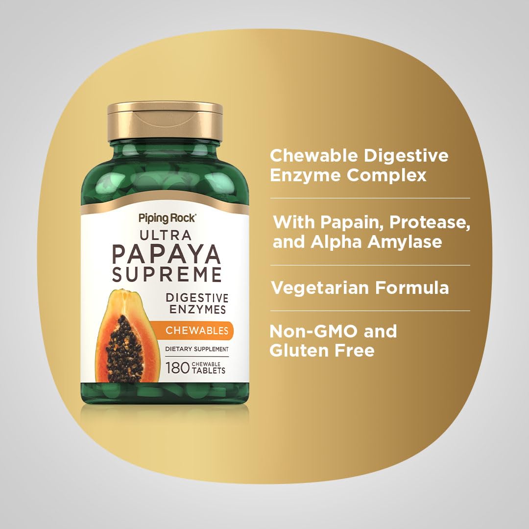 Piping Rock Papaya Digestive Enzymes Chewables – 180 Tablets, Vegetarian, Tropical Flavor (Pack of 2)