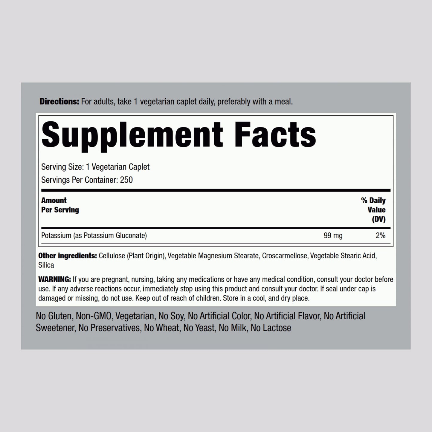 Piping Rock Chelated Potassium 99 mg – 250 Caplets | Potassium Gluconate