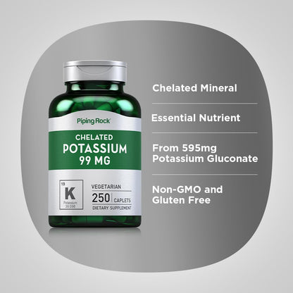 Piping Rock Chelated Potassium 99 mg – 250 Caplets | Potassium Gluconate
