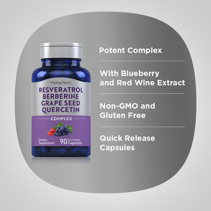 Piping Rock Resveratrol Berberine Grape Seed & Quercetin Complex – 90 Capsules | Non-GMO, Gluten Free