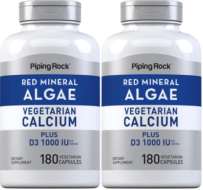 Piping Rock Red Mineral Algae | Vegetarian Calcium | 180 Capsules | Plant Based Plus Trace Minerals | Plus D3 1000 IU | Non-GMO, Gluten Free Supplement (Pack of 2)