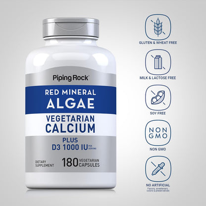 Piping Rock Red Mineral Algae | Vegetarian Calcium | 180 Capsules | Plant Based Plus Trace Minerals | Plus D3 1000 IU | Non-GMO, Gluten Free Supplement (Pack of 2)