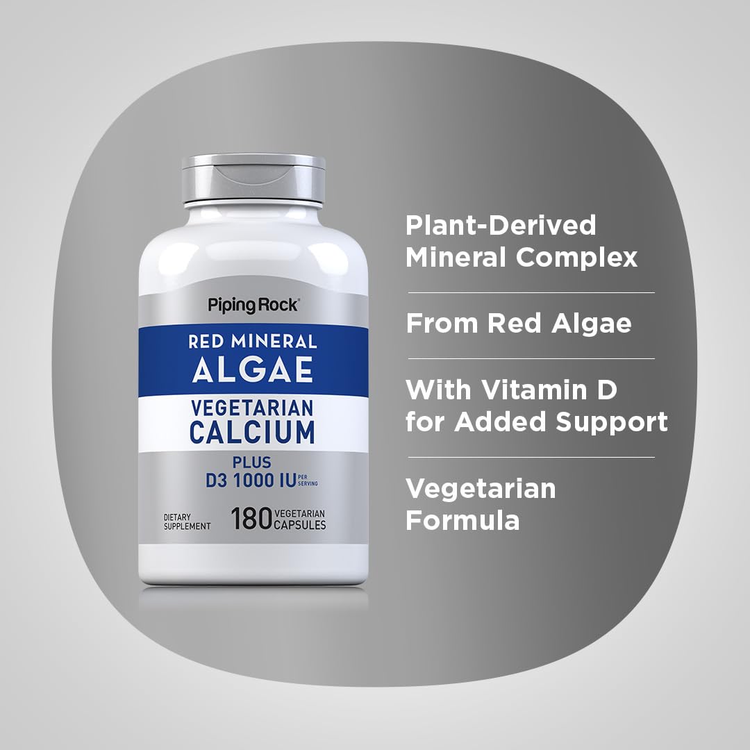 Piping Rock Red Mineral Algae | Vegetarian Calcium | 180 Capsules | Plant Based Plus Trace Minerals | Plus D3 1000 IU | Non-GMO, Gluten Free Supplement (Pack of 2)