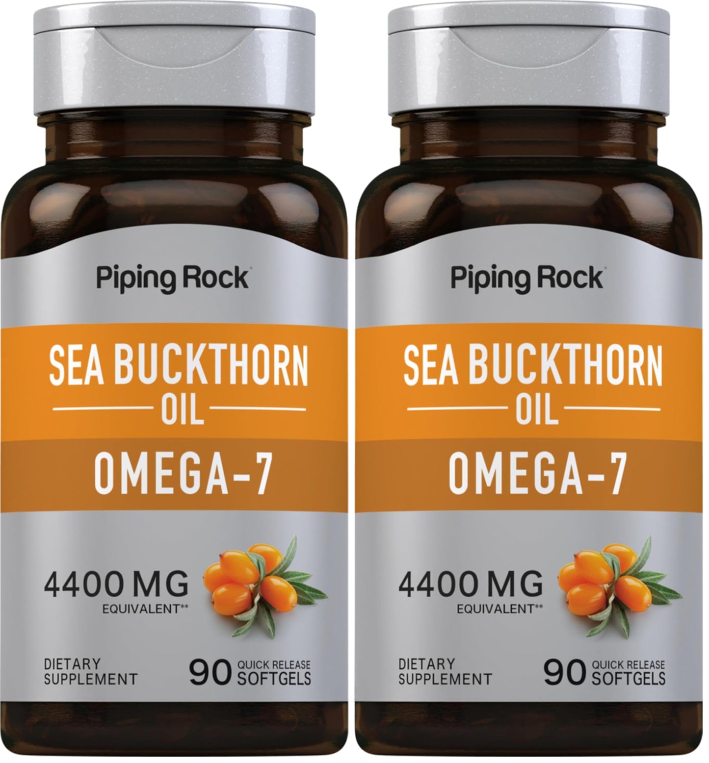 Piping Rock Sea Buckthorn Oil Capsules 4400mg | 90 Softgels | Omega-7 | Gluten Free, Non-GMO (Pack of 2)