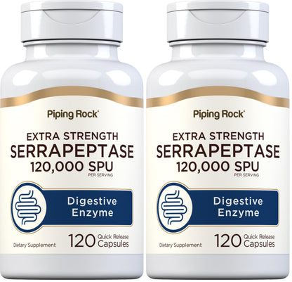 Piping Rock Serrapeptase 120000 SPU - 120 Capsules | Extra Strength Digestive Enzyme | Non-GMO, Gluten Free (Pack of 2)