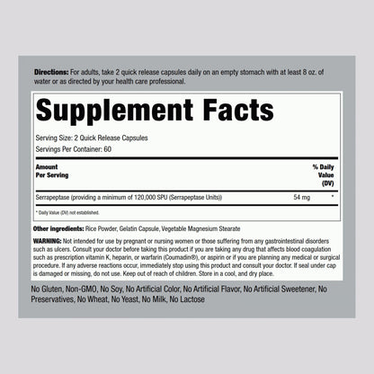 Piping Rock Serrapeptase 120000 SPU - 120 Capsules | Extra Strength Digestive Enzyme | Non-GMO, Gluten Free (Pack of 2)
