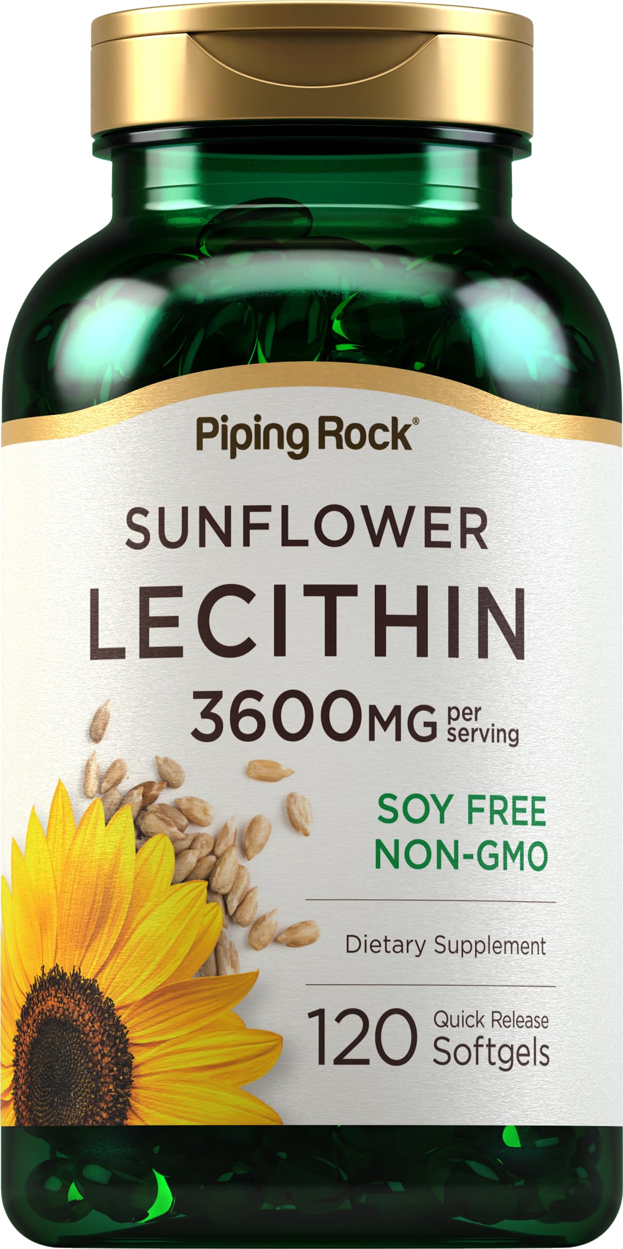 Piping Rock Sunflower Lecithin Softgel Capsules | 3600 mg | 120 Pills | Phosphatidylcholine Rich | Soy Free, Non-GMO, Gluten Free