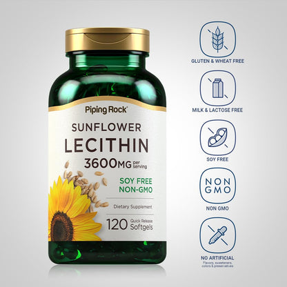 Piping Rock Sunflower Lecithin Softgel Capsules | 3600 mg | 120 Pills | Phosphatidylcholine Rich | Soy Free, Non-GMO, Gluten Free