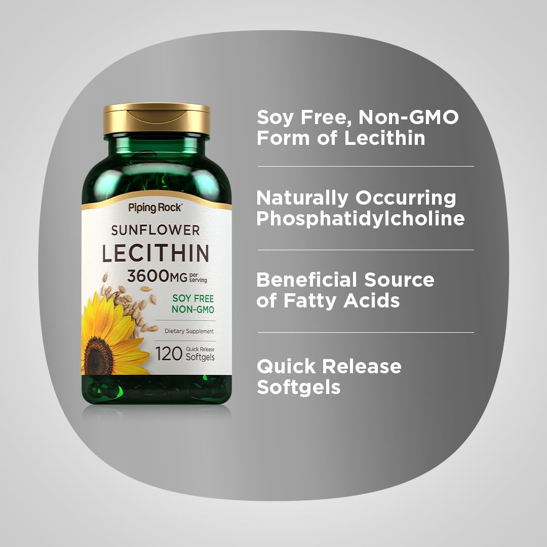 Piping Rock Sunflower Lecithin Softgel Capsules | 3600 mg | 120 Pills | Phosphatidylcholine Rich | Soy Free, Non-GMO, Gluten Free