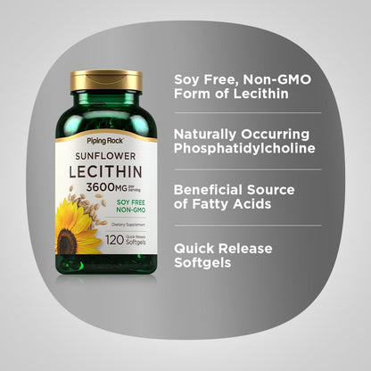 Piping Rock Sunflower Lecithin Softgel Capsules | 3600 mg | 120 Pills | Phosphatidylcholine Rich | Soy Free, Non-GMO, Gluten Free