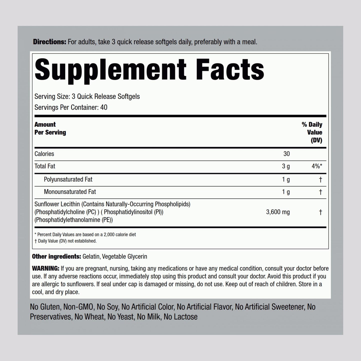 Piping Rock Sunflower Lecithin Softgel Capsules 3600 mg | 120 Count | Phosphatidylcholine | Soy Free, Non-GMO, Gluten Free (Pack of 2)