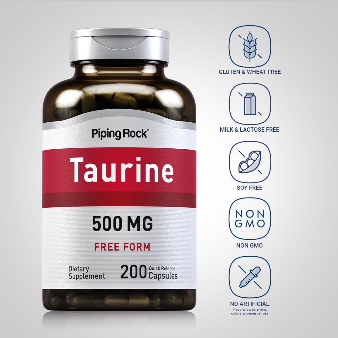 Piping Rock Taurine Supplement 500 mg | 200 Capsules | Amino Acid | Free Form | Non-GMO & Gluten Free (Pack of 2)