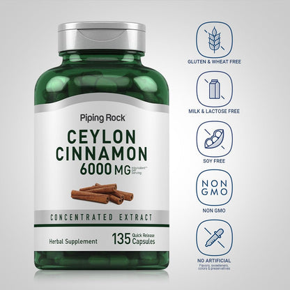 Piping Rock Ceylon Cinnamon 6000 mg - 135 Capsules | Concentrated Herbal Extract | Non-GMO, Gluten Free