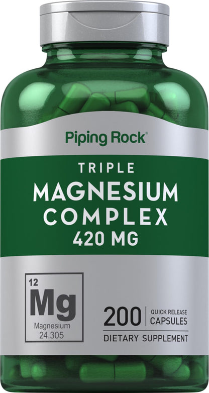 Piping Rock Triple Magnesium Complex | 420 mg | 200 Capsules | Non-GMO, Gluten Free
