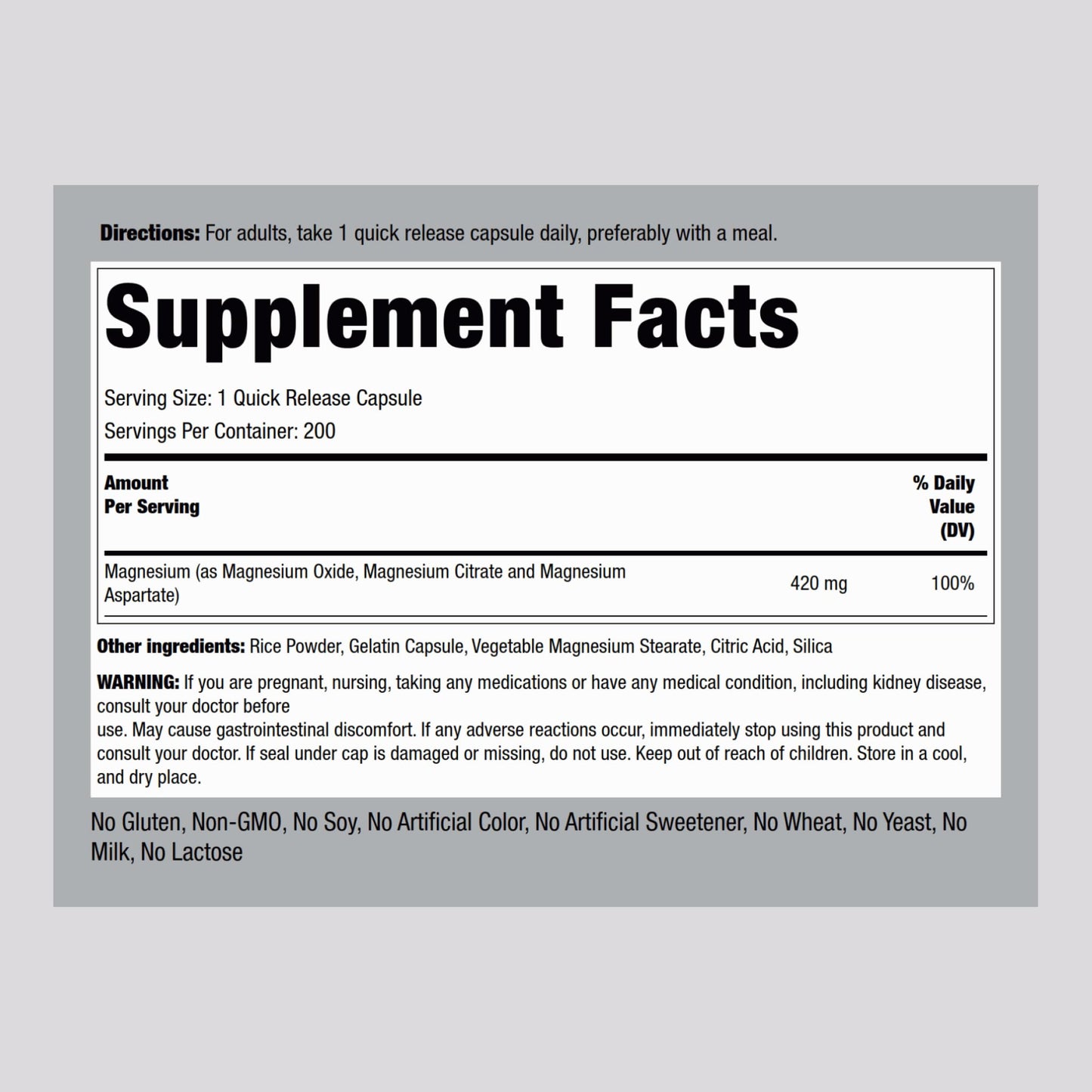 Piping Rock Triple Magnesium Complex | 420 mg | 200 Capsules | Non-GMO, Gluten Free