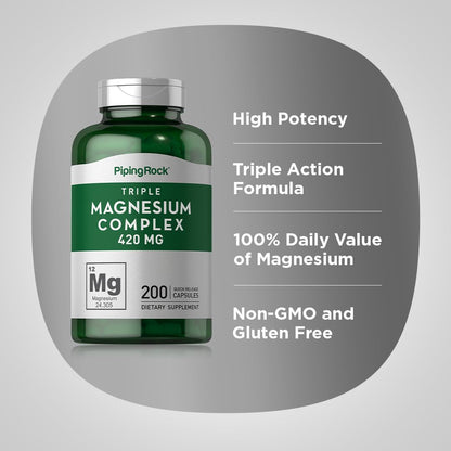 Piping Rock Triple Magnesium Complex | 420 mg | 200 Capsules | Non-GMO, Gluten Free