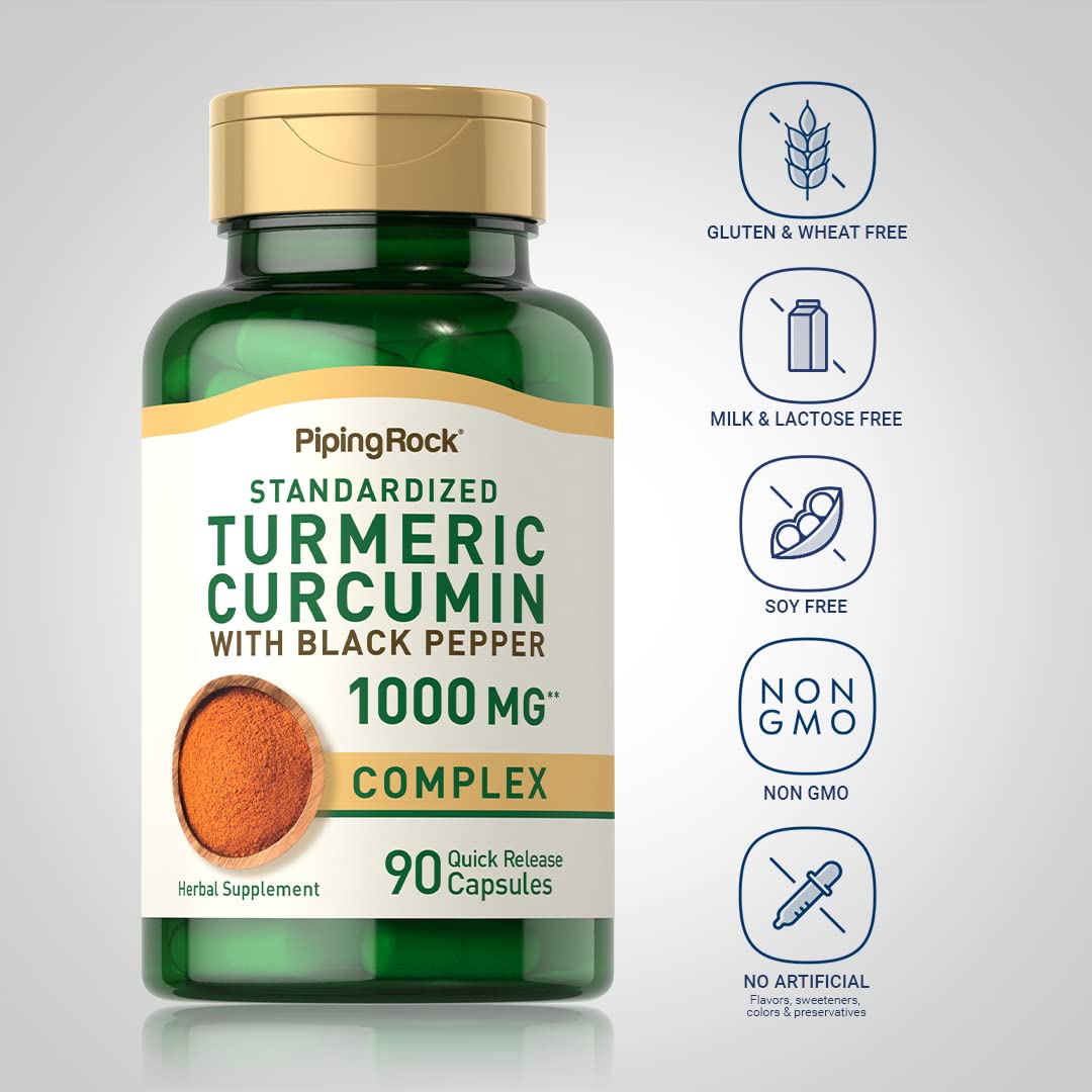 Piping Rock Turmeric Curcumin 1000mg with Black Pepper – 90 Capsules | Non-GMO, Gluten Free