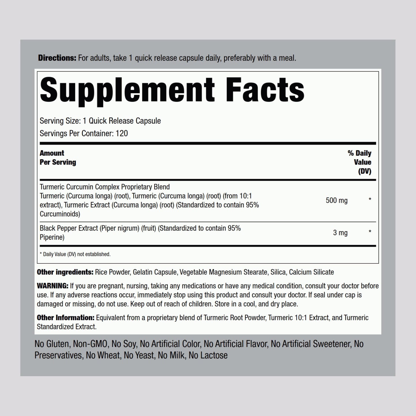 Piping Rock Turmeric Curcumin with Black Pepper 500mg | 120 Capsules | Non-GMO, Gluten Free