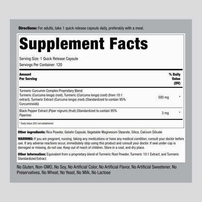 Piping Rock Turmeric Curcumin with Black Pepper 500mg | 120 Capsules | Non-GMO, Gluten Free