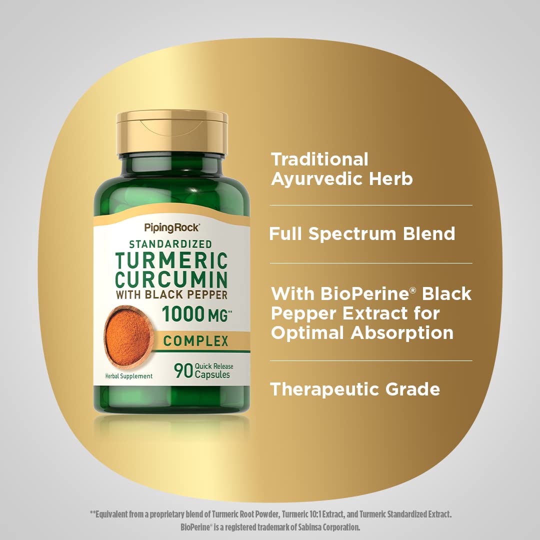 Piping Rock Turmeric Curcumin 1000mg with Black Pepper – 90 Capsules | Non-GMO, Gluten Free