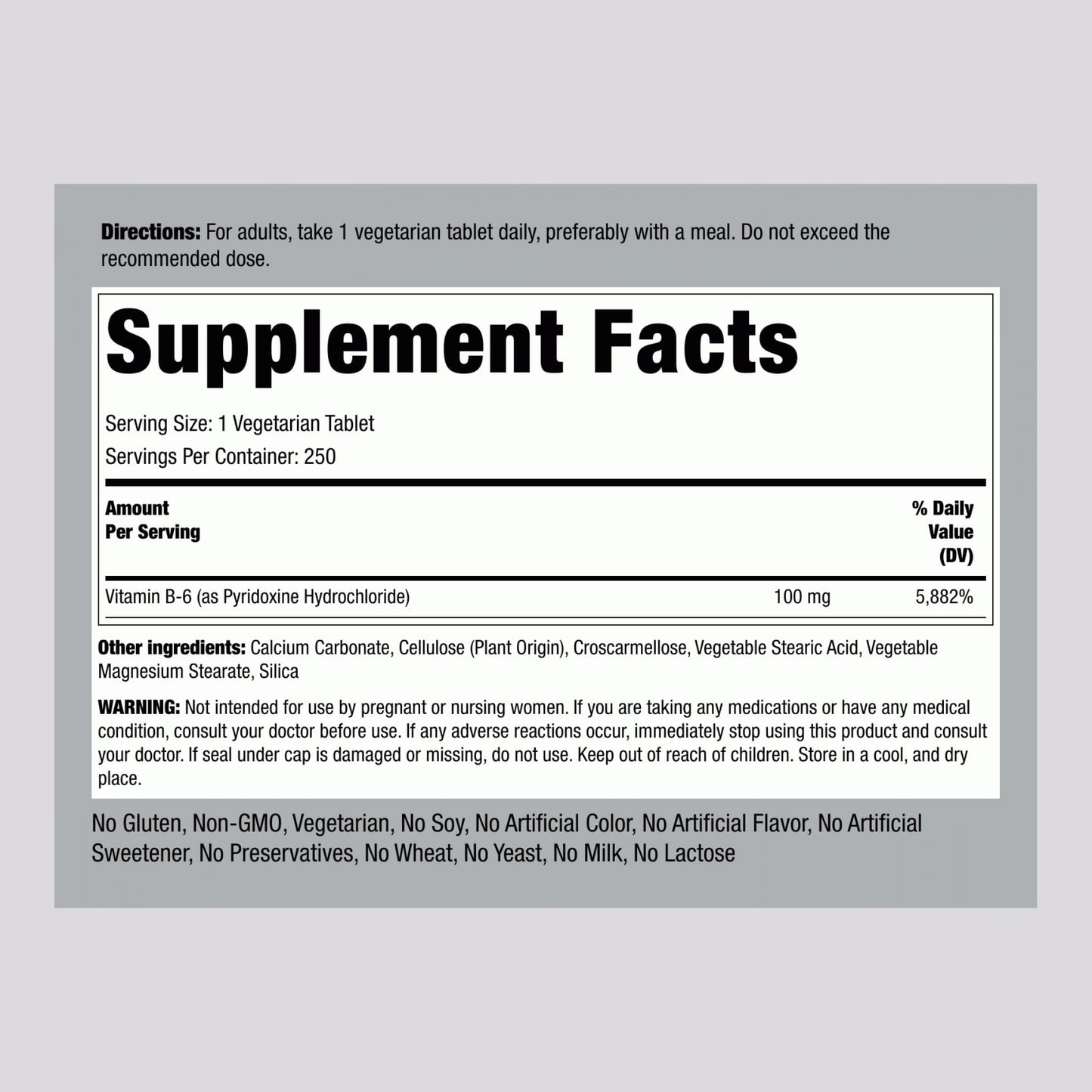 Piping Rock Vitamin B-6 100mg Supplement – 250 Tablets – Pyridoxine Hydrochloride – Non-GMO & Vegetarian (Pack of 2)