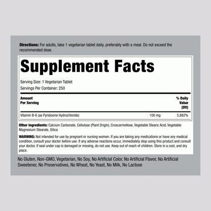 Piping Rock Vitamin B-6 100mg Supplement – 250 Tablets – Pyridoxine Hydrochloride – Non-GMO & Vegetarian (Pack of 2)
