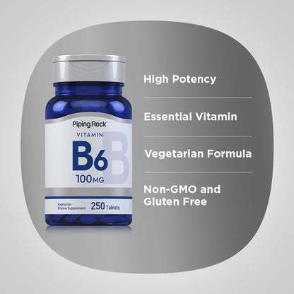 Piping Rock Vitamin B-6 100mg Supplement | 250 Tablets | as Pyridoxine Hydrochloride | Non-GMO & Vegetarian Formula
